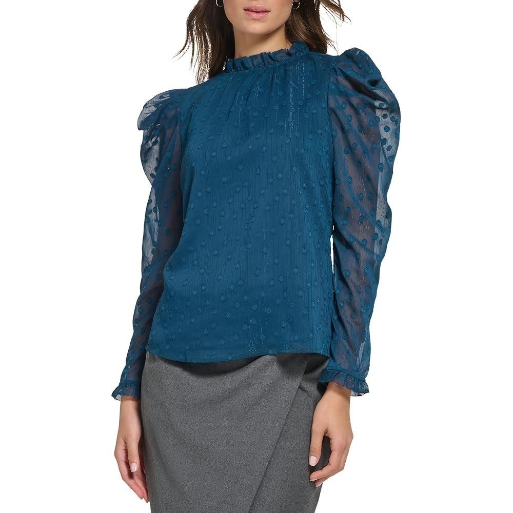 DKNY Blouse Teal Blue Swiss Dot Puff Shoulder Ruffle / Womens XS
